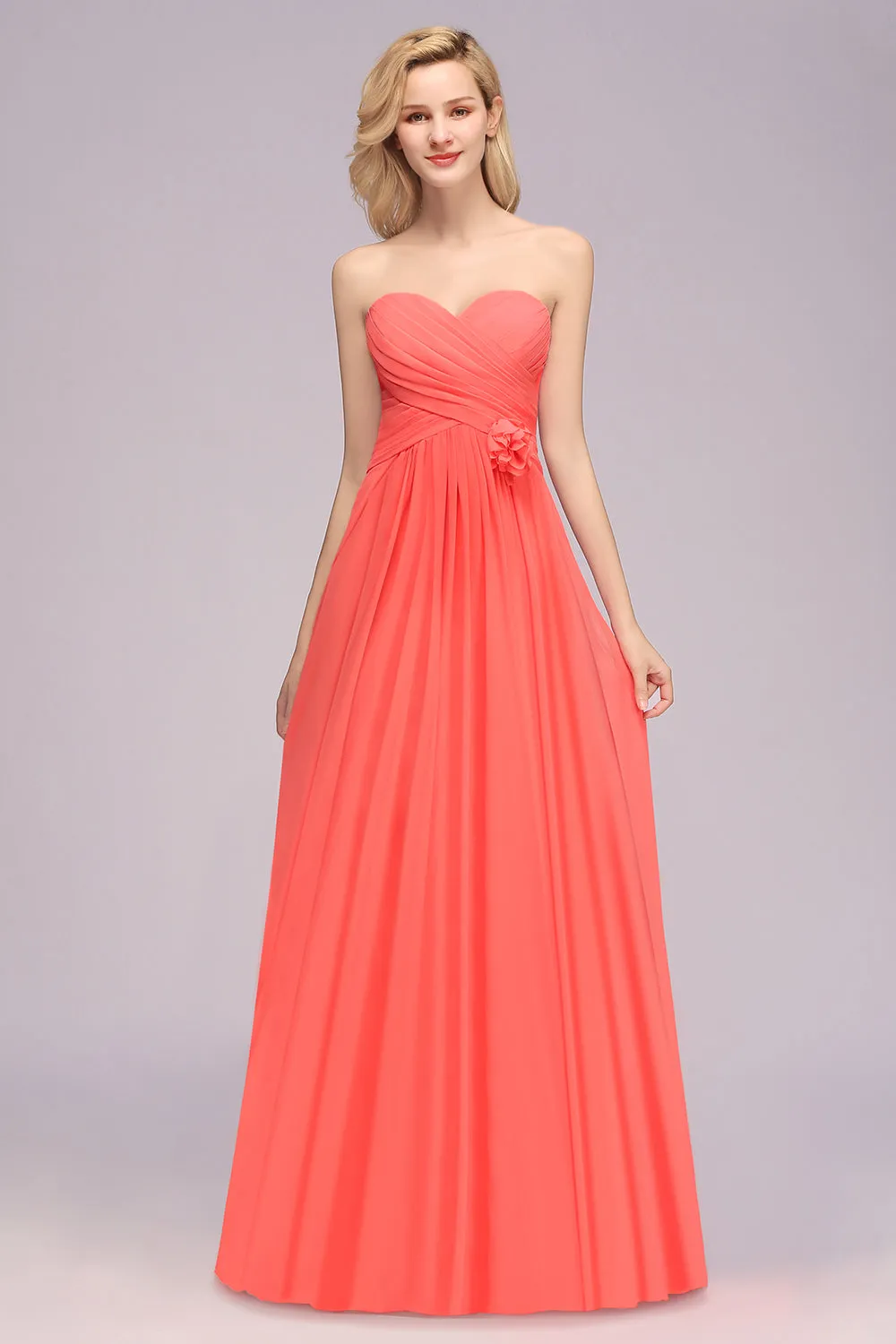 Simple Long Sweetheart Strapless A-line Bridesmaid Dress with Flower