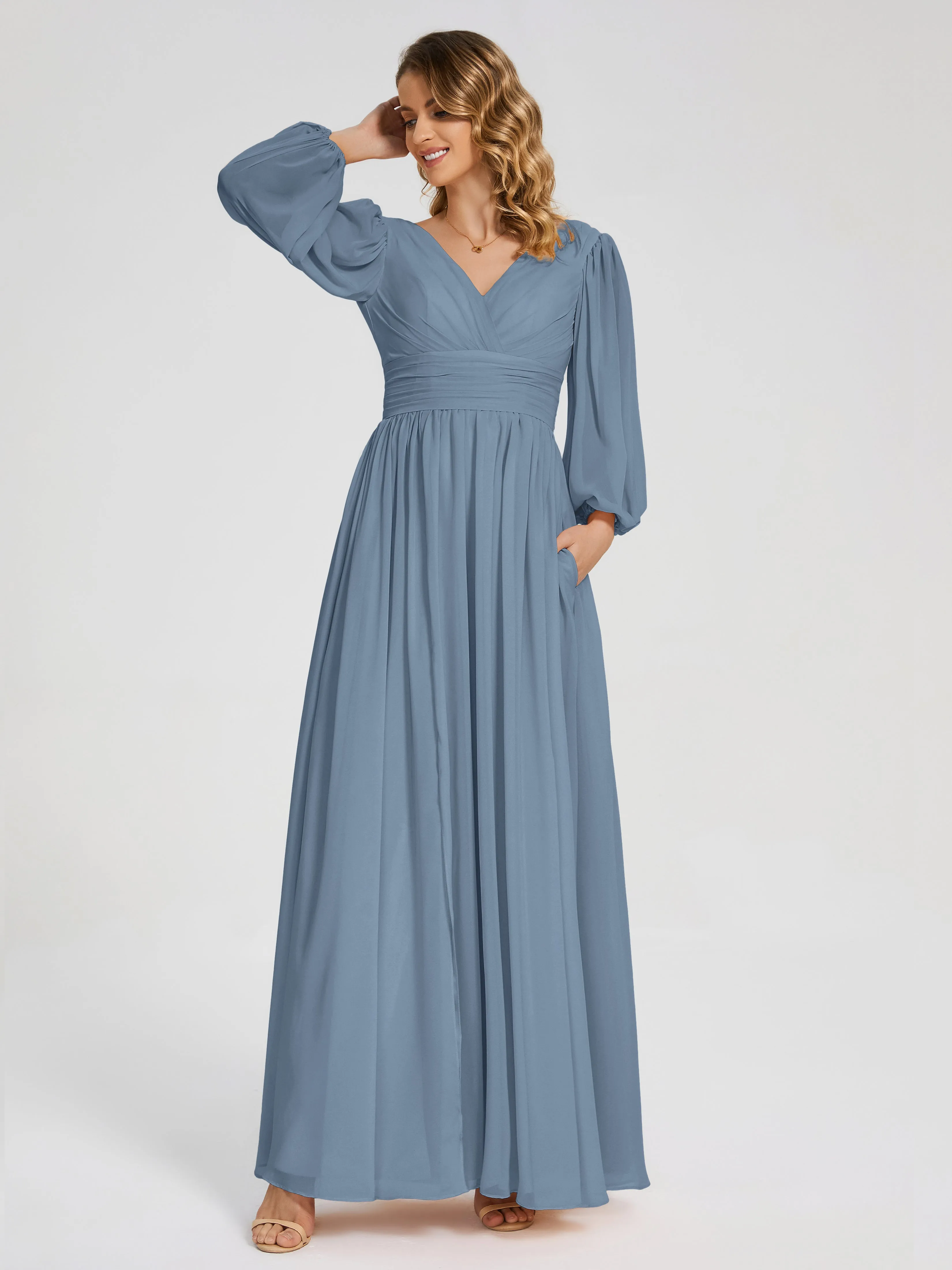 Slate Blue Bridesmaids Dress Journey Long Sleeves Split Chiffon Bridesmaid Dresses