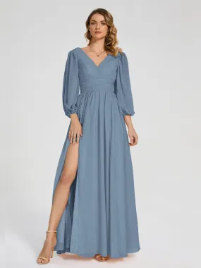 Slate Blue Bridesmaids Dress Journey Long Sleeves Split Chiffon Bridesmaid Dresses