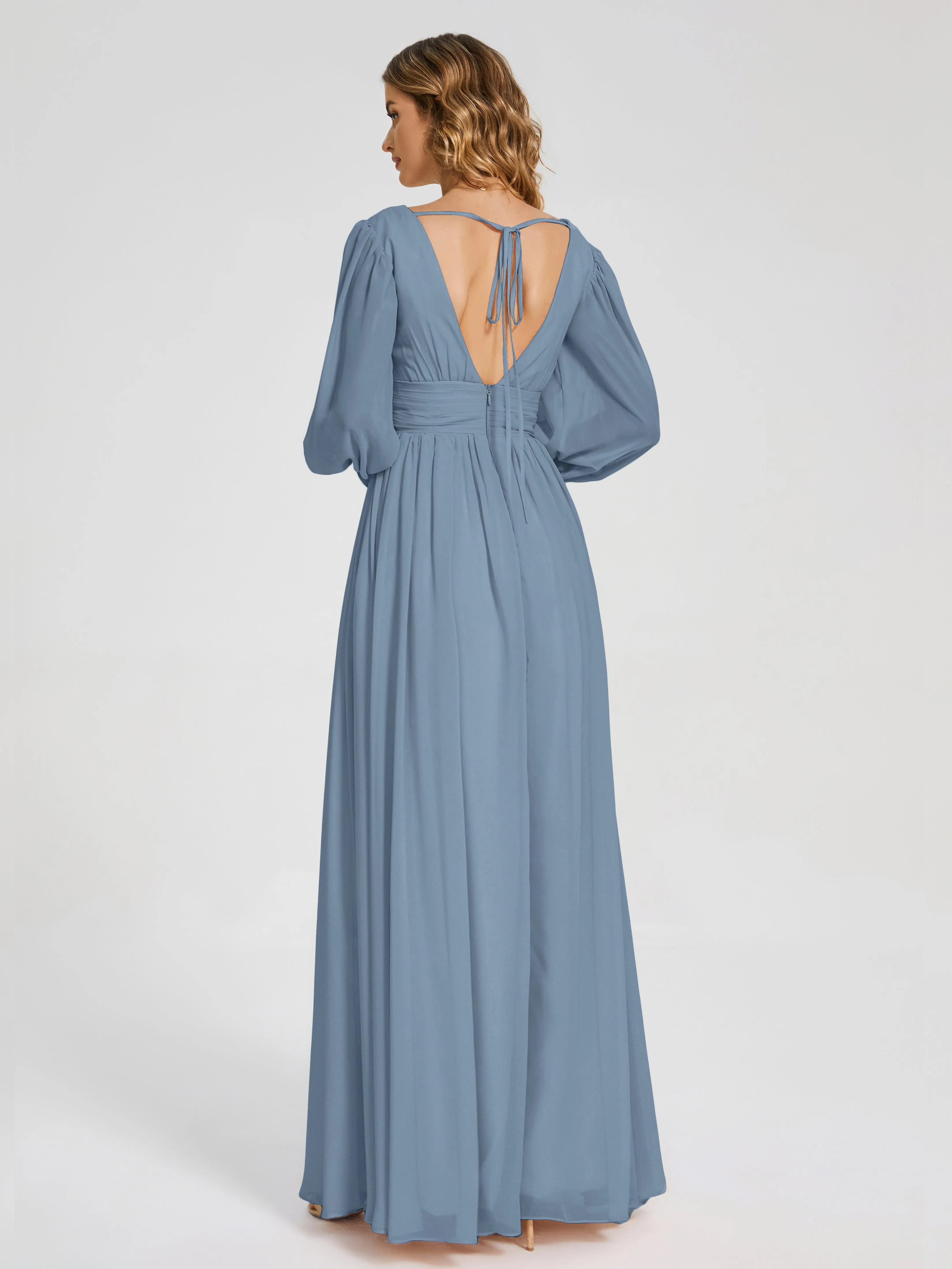 Slate Blue Bridesmaids Dress Journey Long Sleeves Split Chiffon Bridesmaid Dresses