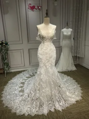 Spaghetti off shoulder lace appliques crystals rhinestones pearls beaded mermaid fit and flare wedding dress 2024
