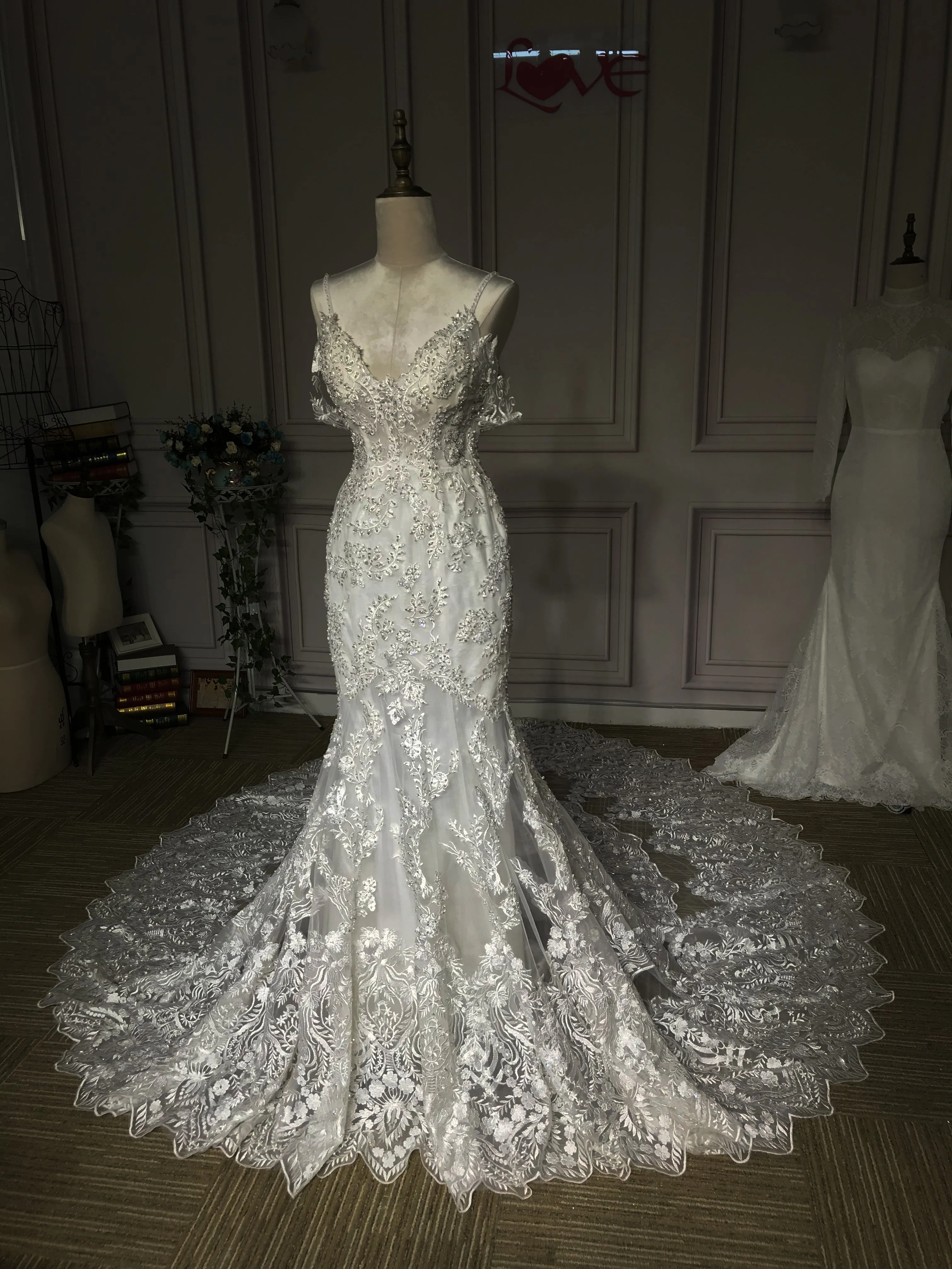 Spaghetti off shoulder lace appliques crystals rhinestones pearls beaded mermaid fit and flare wedding dress 2024