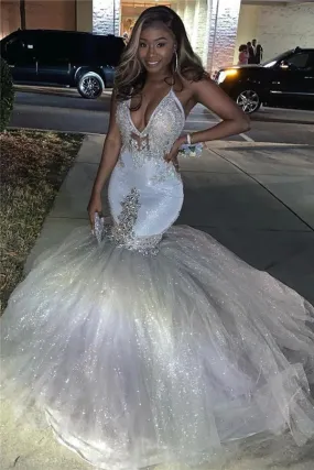 Sparkly V Neck Mermaid Prom Dresses Wedding Dress