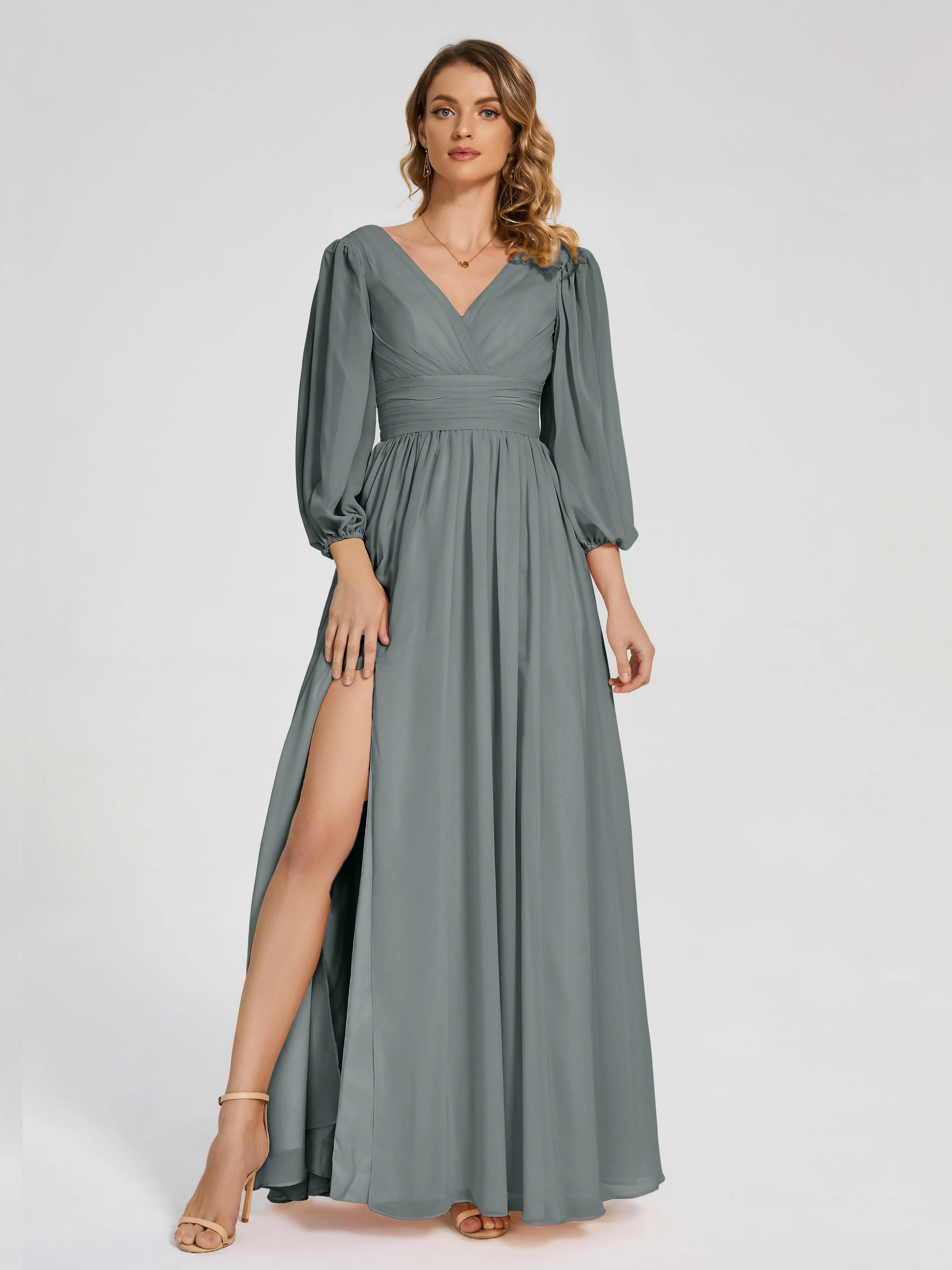 Steel Grey Bridesmaid Dresses Journey Long Sleeves Split Chiffon Bridesmaid Dresses