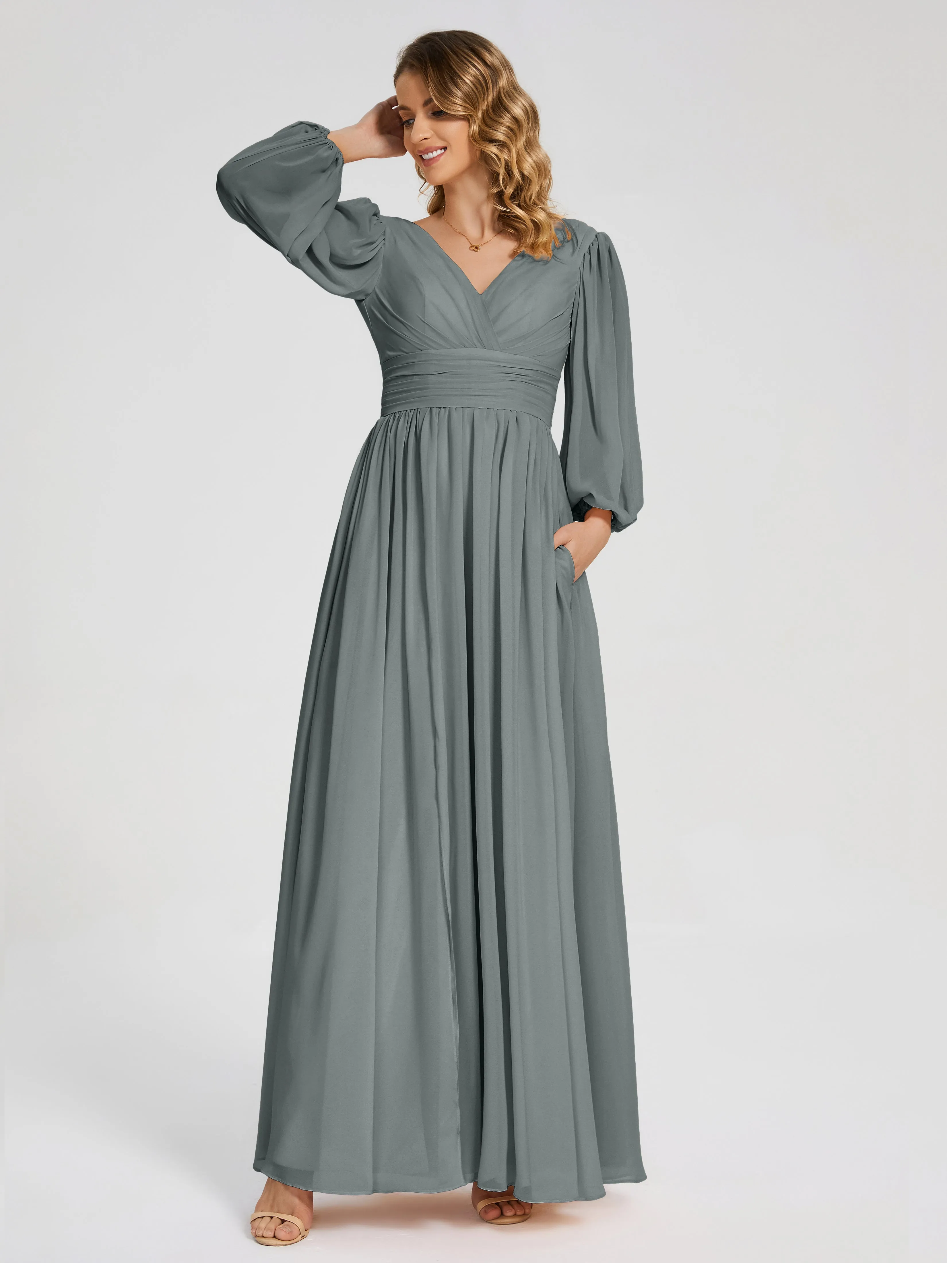 Steel Grey Bridesmaid Dresses Journey Long Sleeves Split Chiffon Bridesmaid Dresses