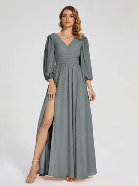 Steel Grey Bridesmaid Dresses Journey Long Sleeves Split Chiffon Bridesmaid Dresses