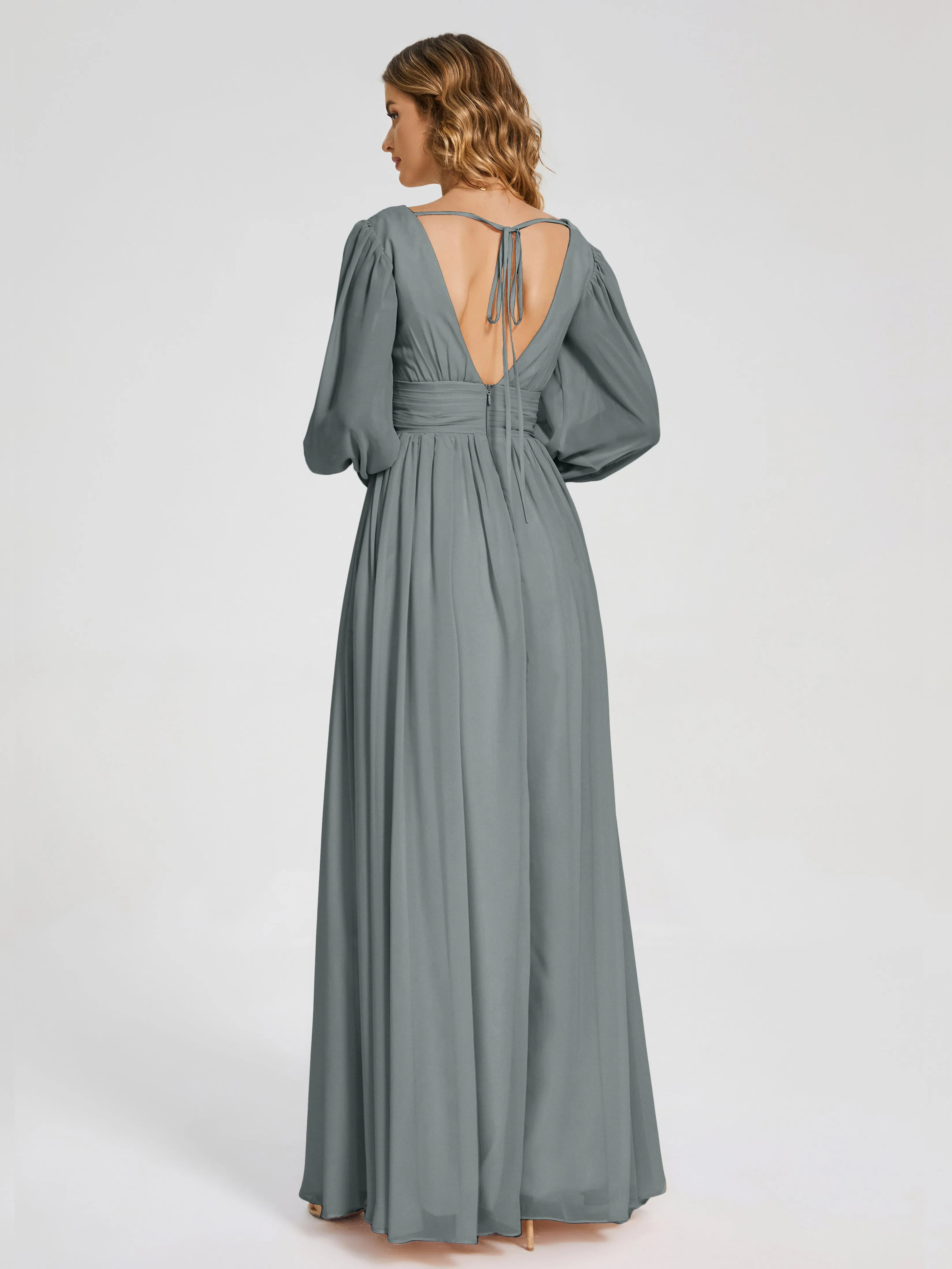 Steel Grey Bridesmaid Dresses Journey Long Sleeves Split Chiffon Bridesmaid Dresses
