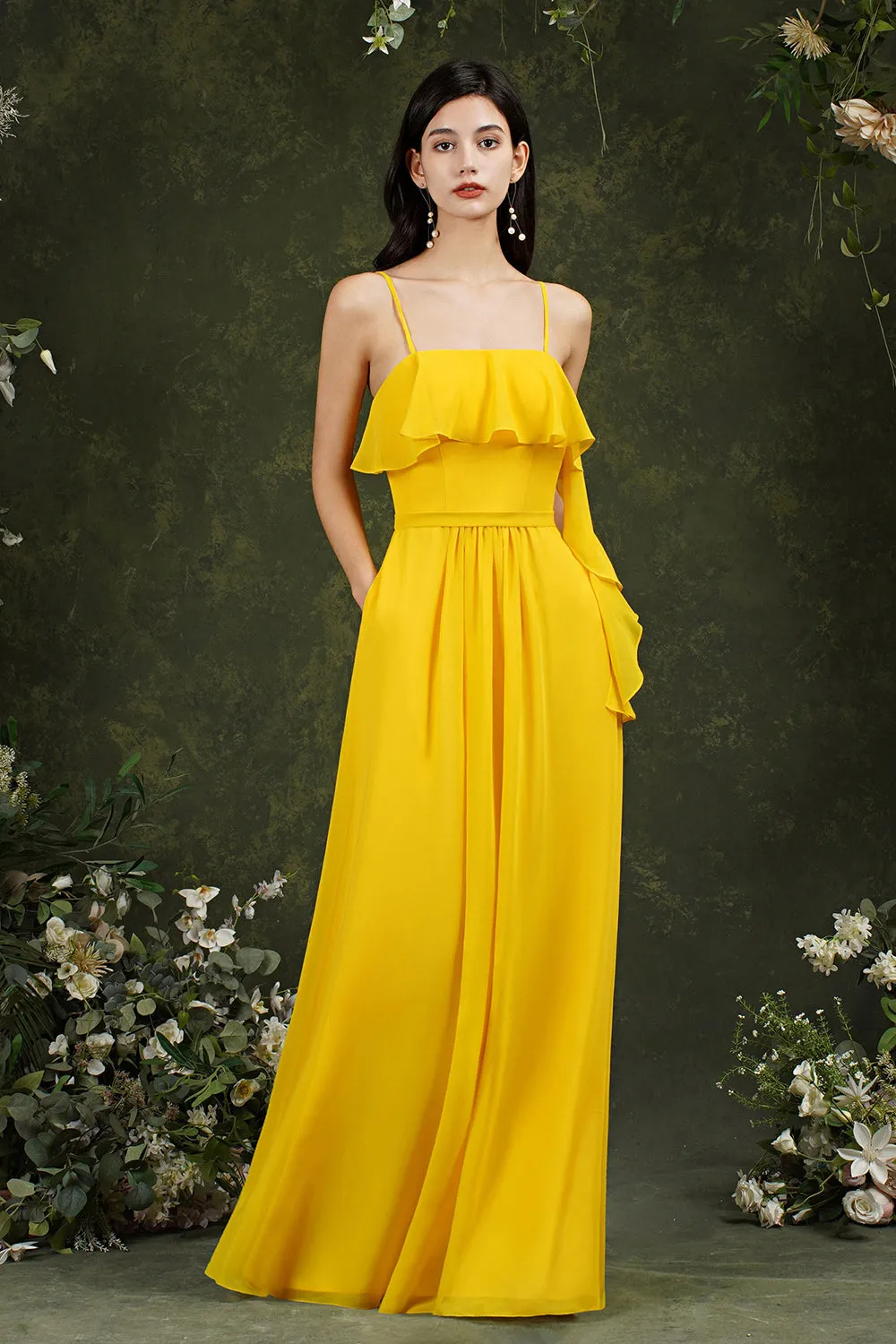 Stunning A-line Chiffon Backless Long Bridesmaid Dress With Pockets