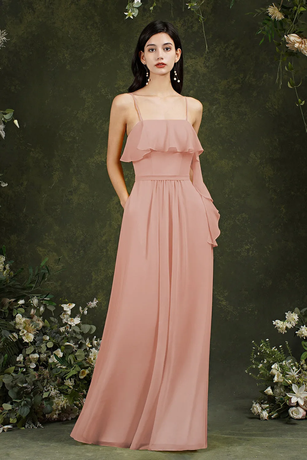 Stunning A-line Chiffon Backless Long Bridesmaid Dress With Pockets