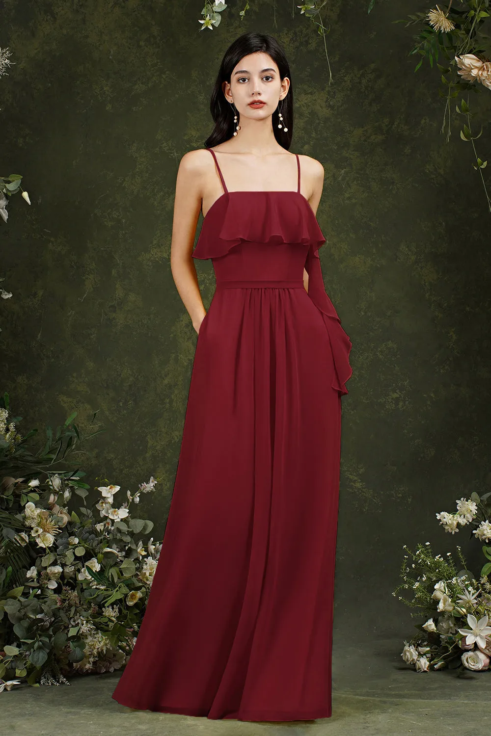 Stunning A-line Chiffon Backless Long Bridesmaid Dress With Pockets