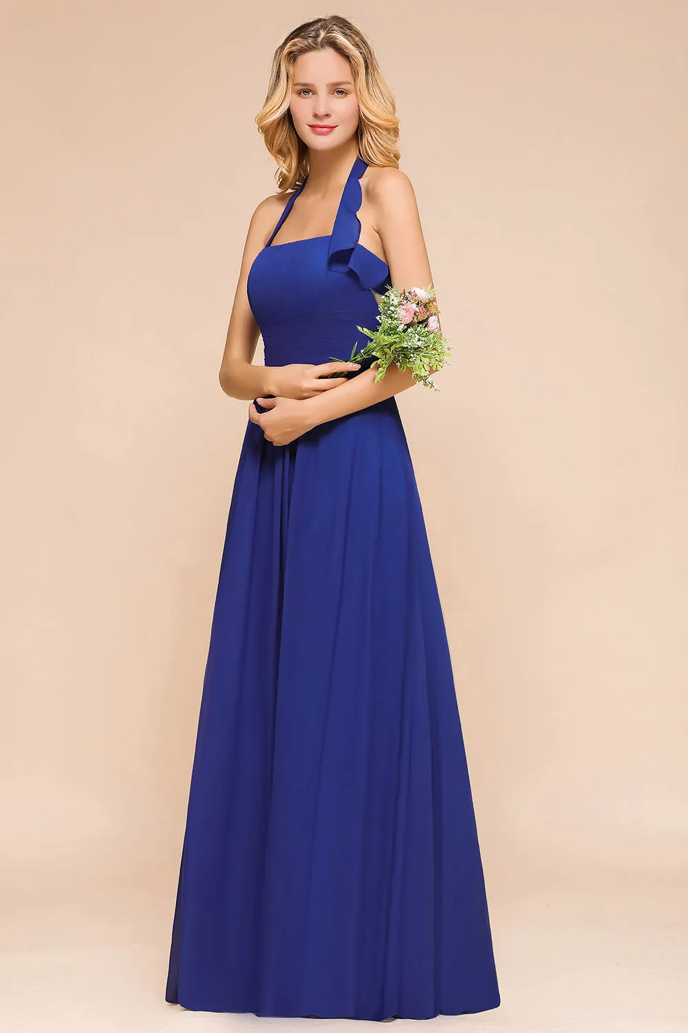 Stylish Long A-line Halter Chiffon Blackless Bridesmaid Dresses