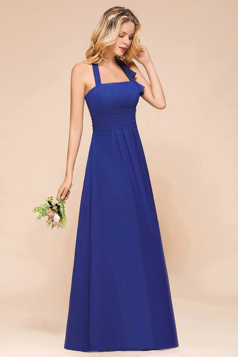 Stylish Long A-line Halter Chiffon Blackless Bridesmaid Dresses