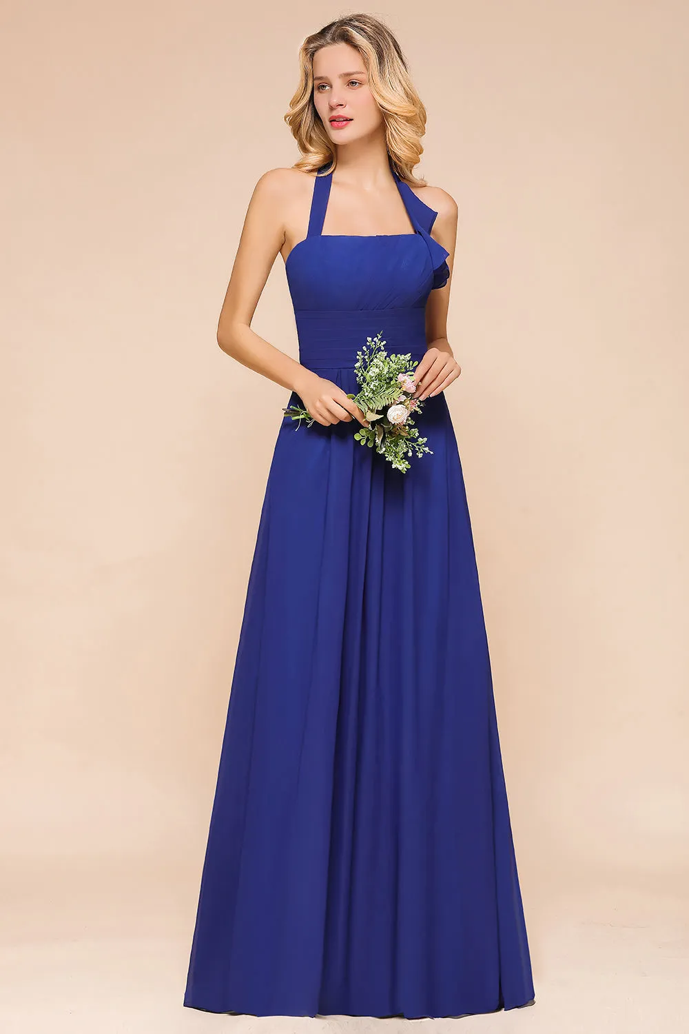 Stylish Long A-line Halter Chiffon Blackless Bridesmaid Dresses
