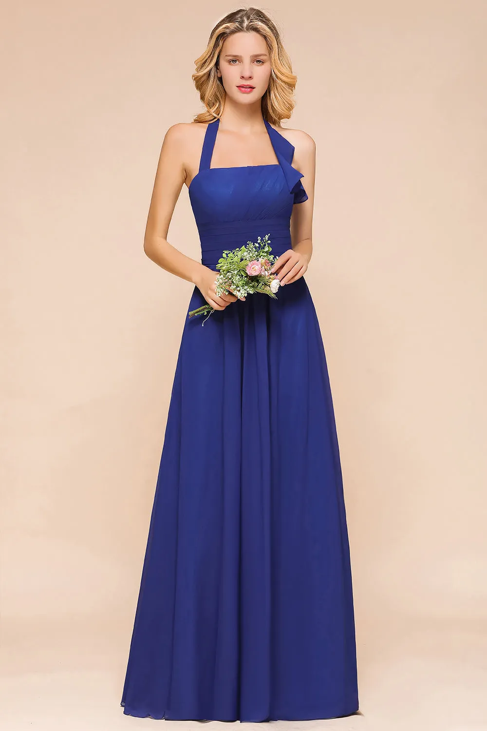 Stylish Long A-line Halter Chiffon Blackless Bridesmaid Dresses