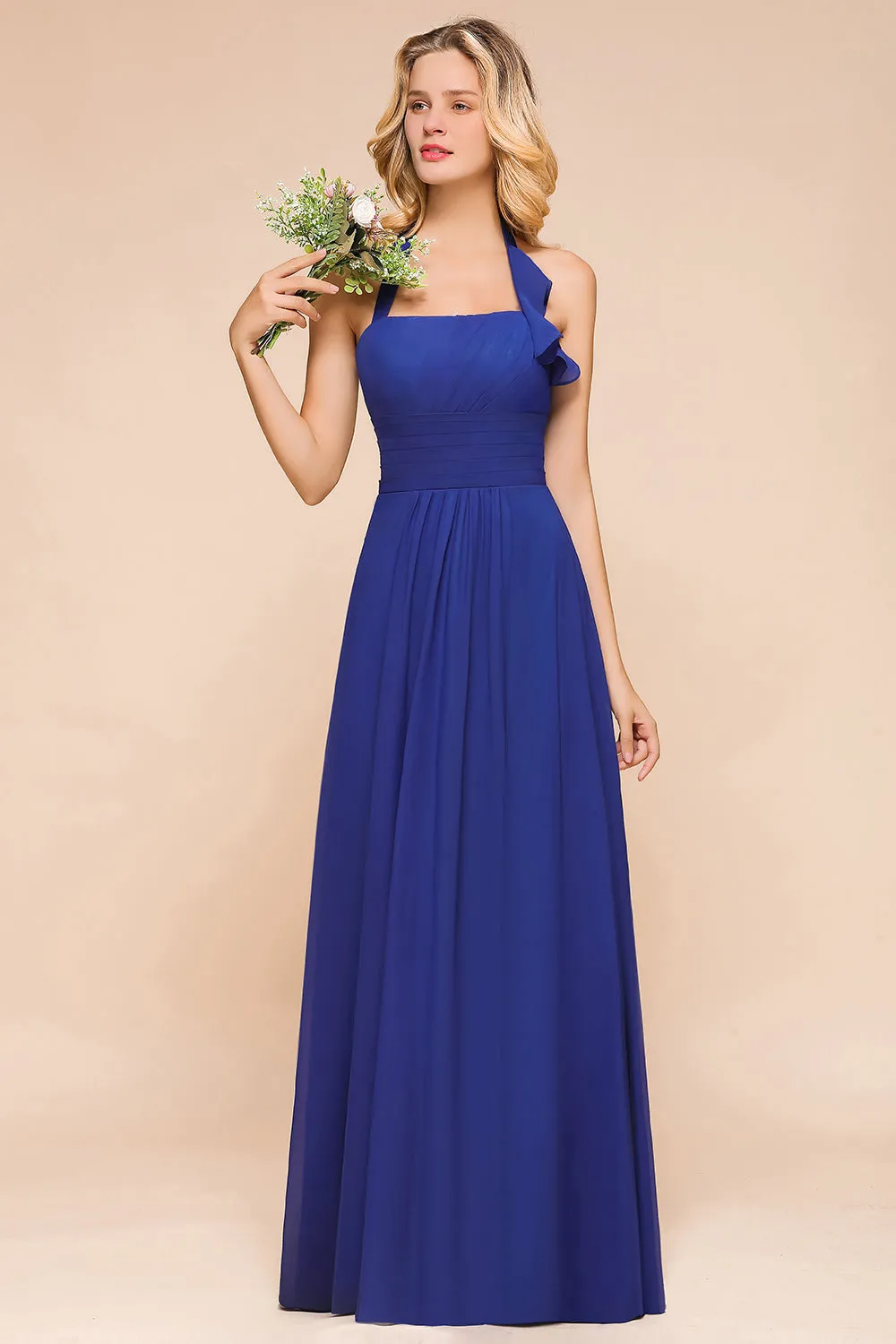 Stylish Long A-line Halter Chiffon Blackless Bridesmaid Dresses
