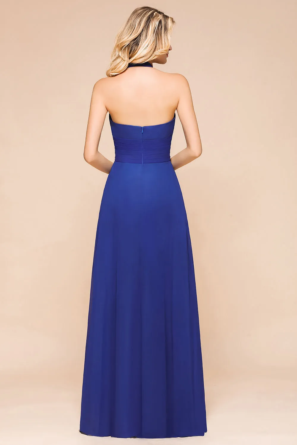 Stylish Long A-line Halter Chiffon Blackless Bridesmaid Dresses