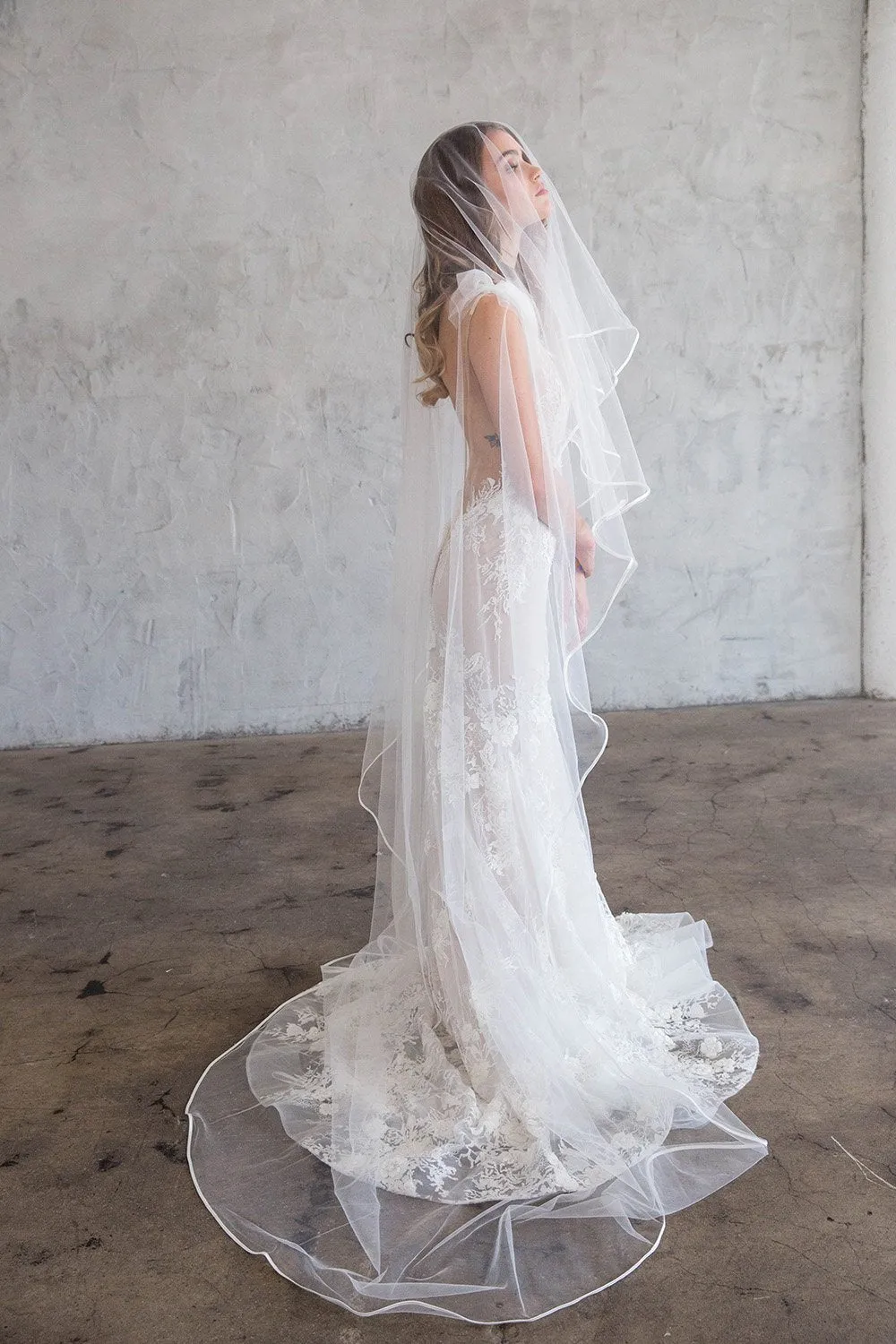 TAMAR CATHEDRAL VEIL WITH BLUSHER - SATIN RIBBON EDGING