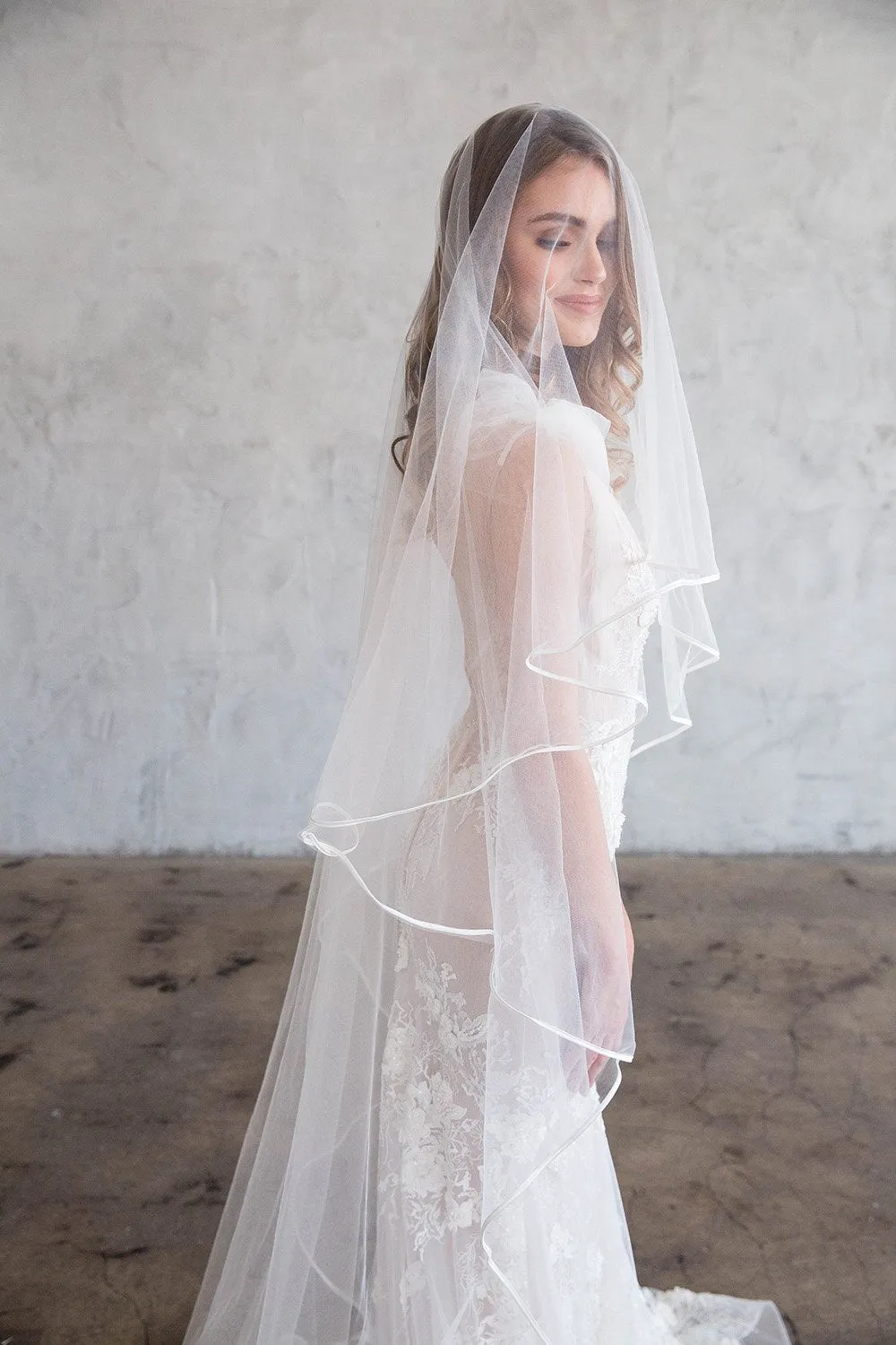 TAMAR CATHEDRAL VEIL WITH BLUSHER - SATIN RIBBON EDGING