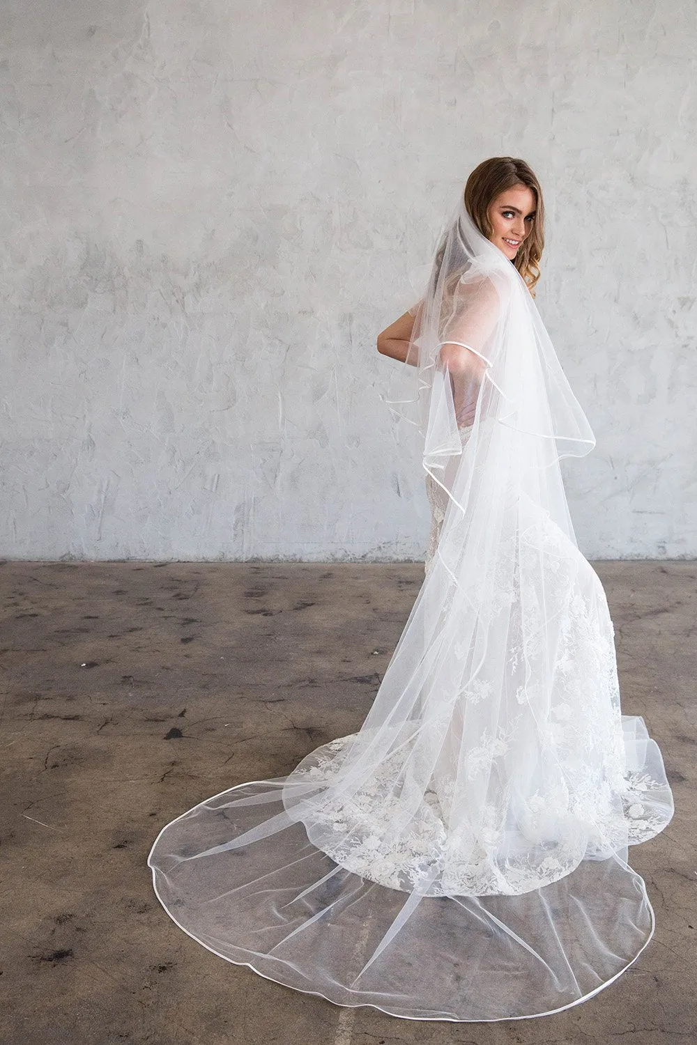 TAMAR CATHEDRAL VEIL WITH BLUSHER - SATIN RIBBON EDGING