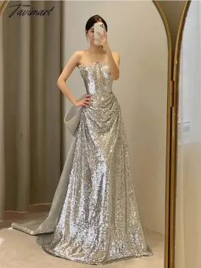 TAVIMART -  Silver Simple Bridesmaid Dresses Strapless Bow Trailing Sleeveless Shiny Sequins Long Wedding Beach Party Bride Prom Gowns