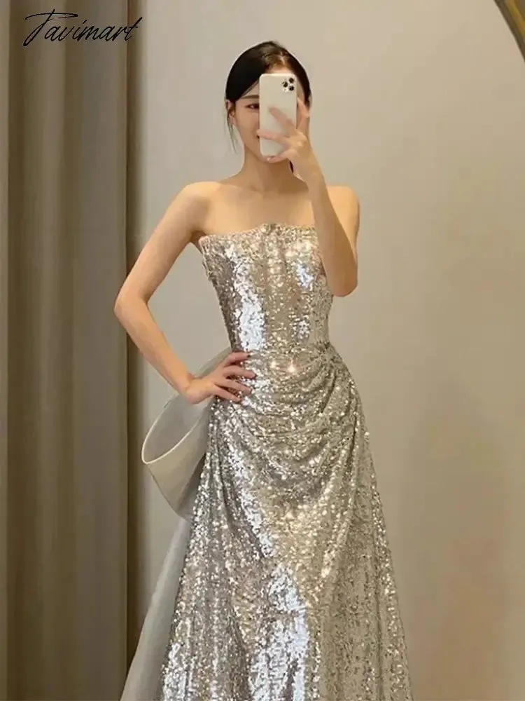 TAVIMART -  Silver Simple Bridesmaid Dresses Strapless Bow Trailing Sleeveless Shiny Sequins Long Wedding Beach Party Bride Prom Gowns