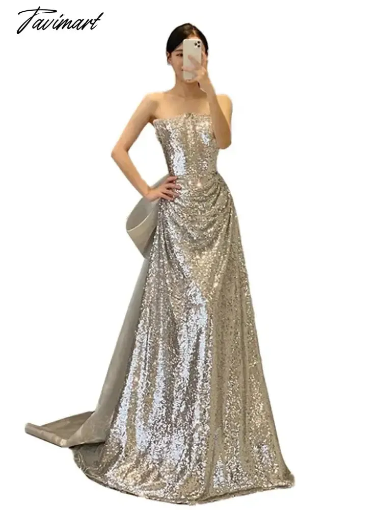 TAVIMART -  Silver Simple Bridesmaid Dresses Strapless Bow Trailing Sleeveless Shiny Sequins Long Wedding Beach Party Bride Prom Gowns