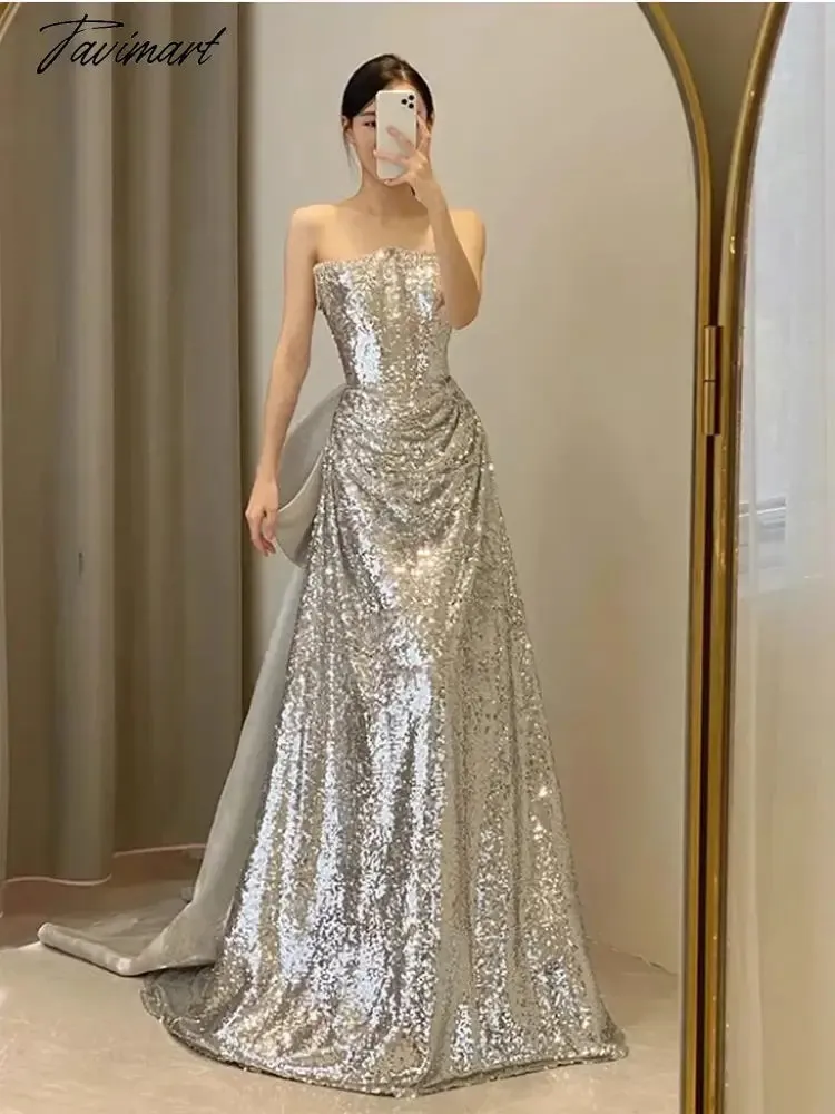 TAVIMART -  Silver Simple Bridesmaid Dresses Strapless Bow Trailing Sleeveless Shiny Sequins Long Wedding Beach Party Bride Prom Gowns