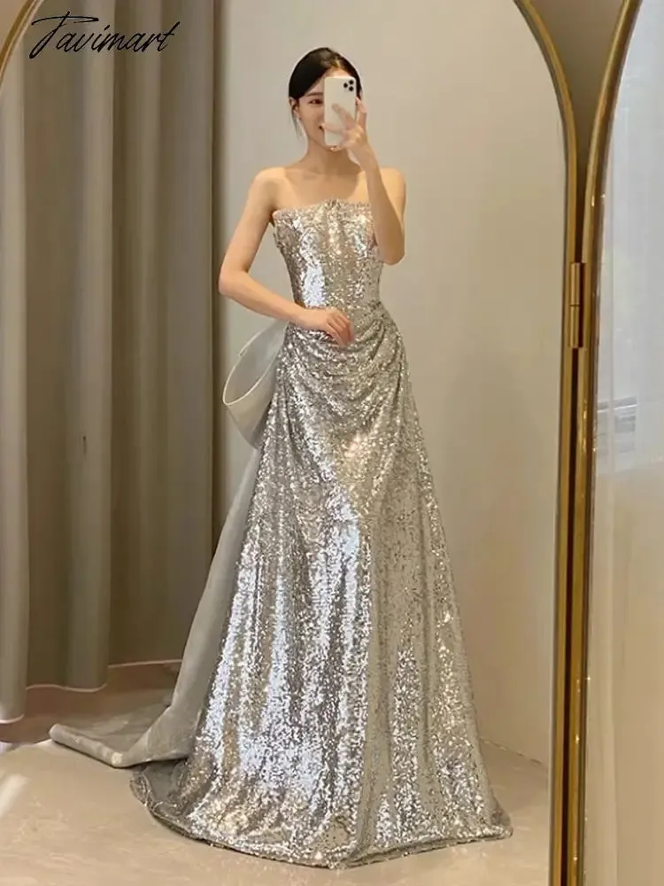 TAVIMART -  Silver Simple Bridesmaid Dresses Strapless Bow Trailing Sleeveless Shiny Sequins Long Wedding Beach Party Bride Prom Gowns