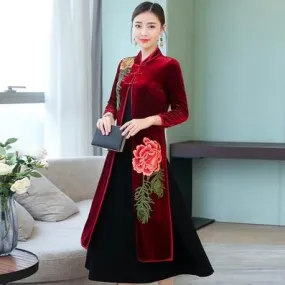 Tea Length Floral Embroidery Wind Coat & Dress Two Piece Suit