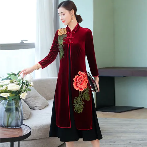 Tea Length Floral Embroidery Wind Coat & Dress Two Piece Suit