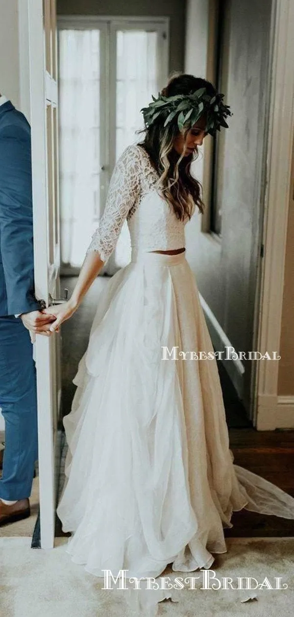 Two Piece V-neck Illusion 3/4 Sleeves Floor-length Lace Wedding Dresses with Ruching Ruffles, TYP0094