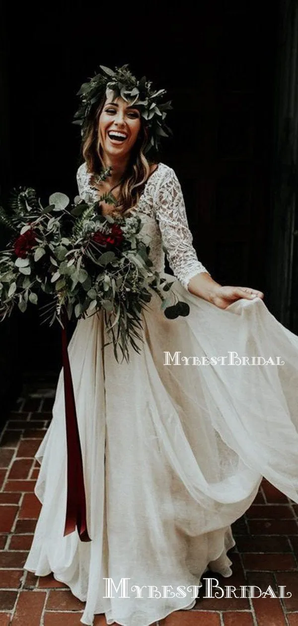 Two Piece V-neck Illusion 3/4 Sleeves Floor-length Lace Wedding Dresses with Ruching Ruffles, TYP0094
