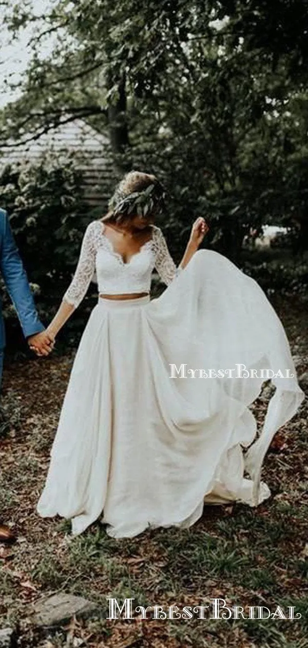 Two Piece V-neck Illusion 3/4 Sleeves Floor-length Lace Wedding Dresses with Ruching Ruffles, TYP0094