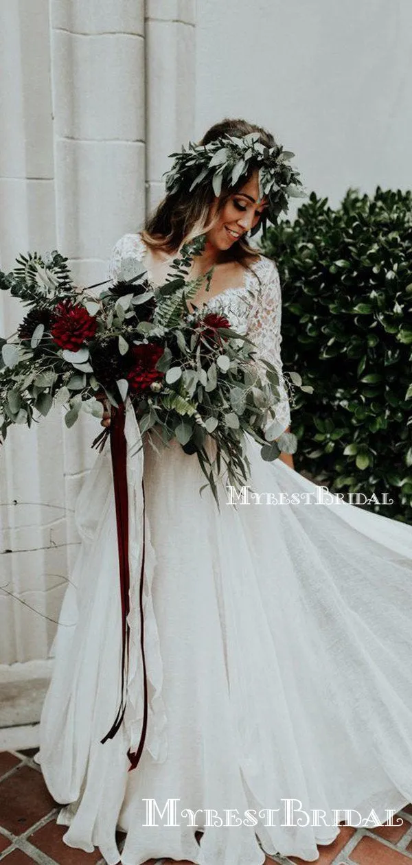 Two Piece V-neck Illusion 3/4 Sleeves Floor-length Lace Wedding Dresses with Ruching Ruffles, TYP0094