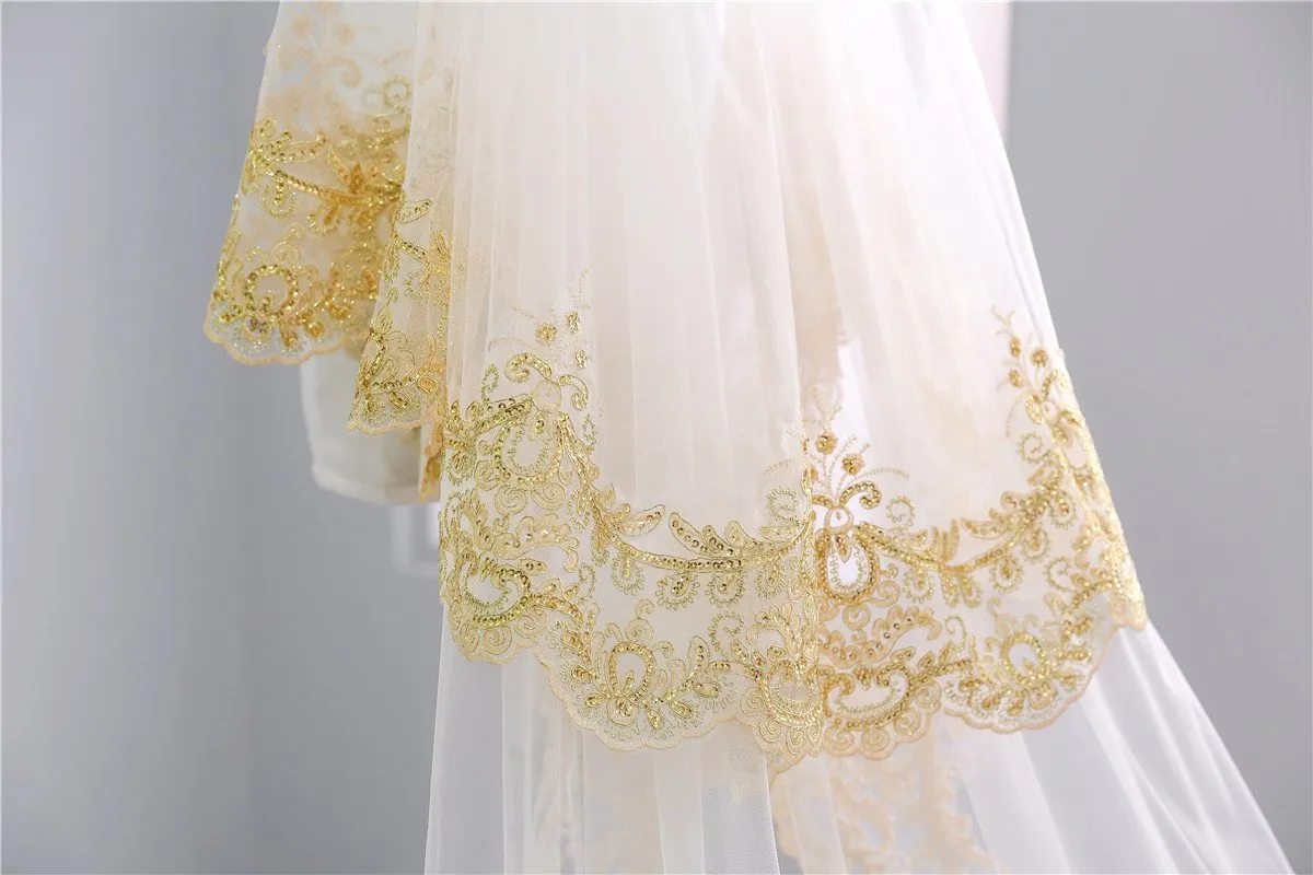 Two-Tier Wedding Veil UK Tulle Lace Edge Cathedral Veils Golden Appliques TS91023