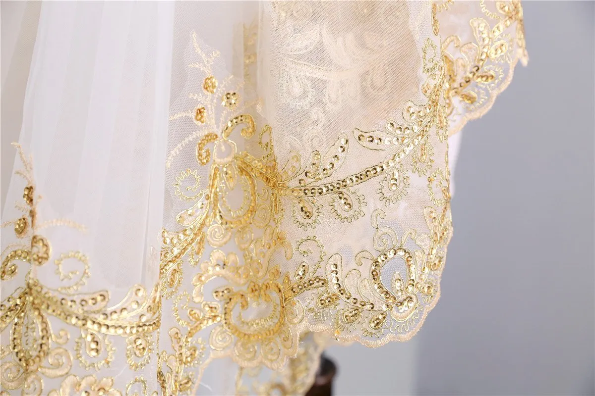 Two-Tier Wedding Veil UK Tulle Lace Edge Cathedral Veils Golden Appliques TS91023