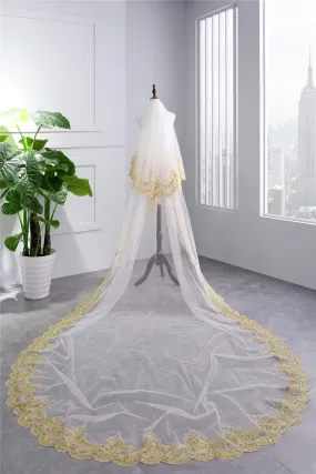Two-Tier Wedding Veil UK Tulle Lace Edge Cathedral Veils Golden Appliques TS91023