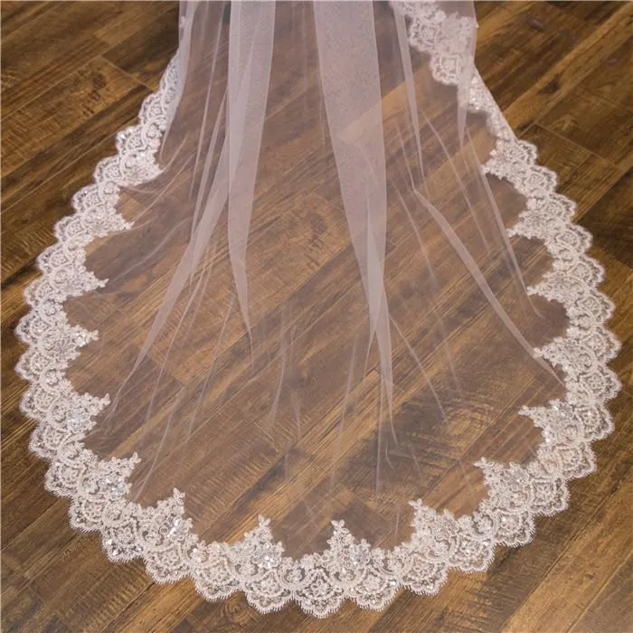 Two-Tier Wedding Veil UK Tulle Lace Edge Chapel Veils Appliques TS91009