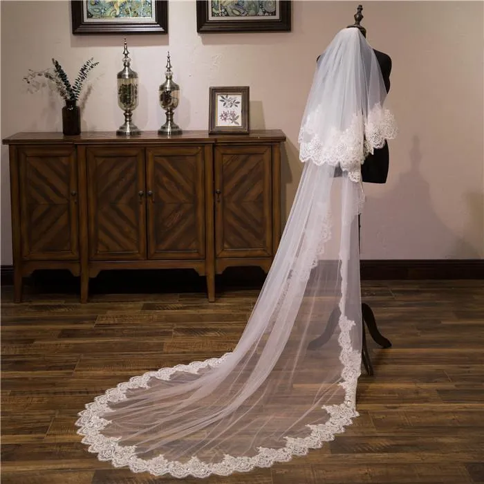 Two-Tier Wedding Veil UK Tulle Lace Edge Chapel Veils Appliques TS91009