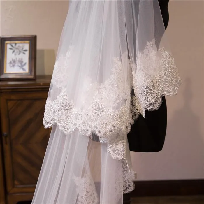 Two-Tier Wedding Veil UK Tulle Lace Edge Chapel Veils Appliques TS91009