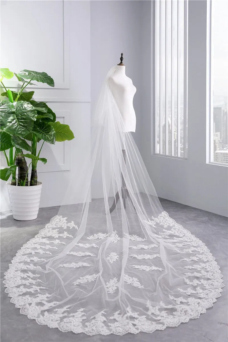 Two-Tier Wedding Veil UK Tulle Lace Edge Chapel Veils Appliques TS91047
