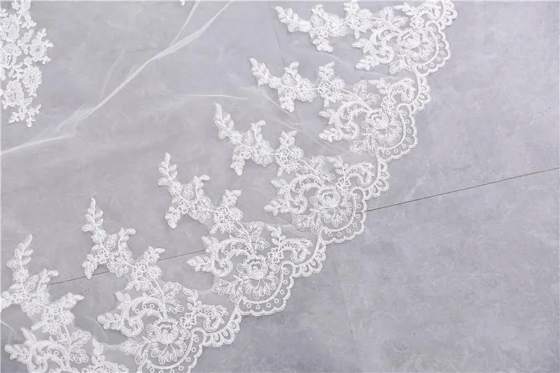 Two-Tier Wedding Veil UK Tulle Lace Edge Chapel Veils Appliques TS91047