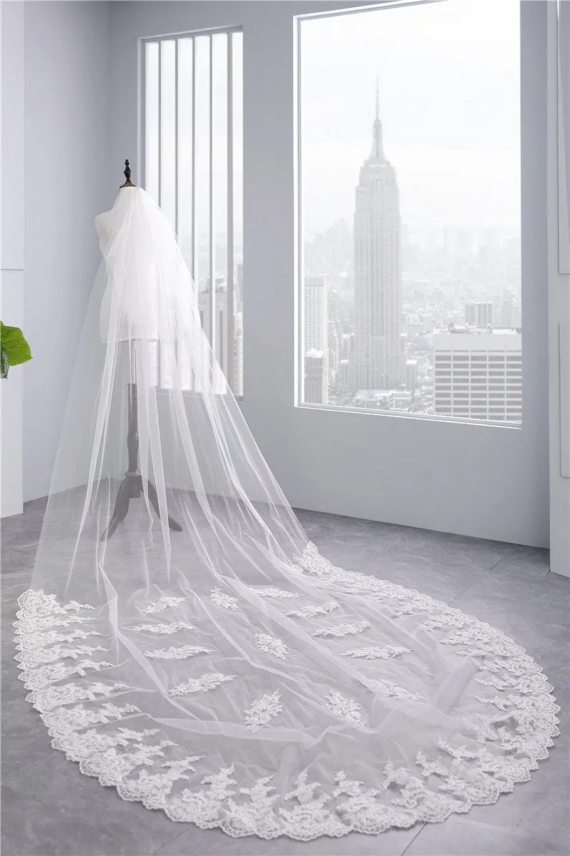 Two-Tier Wedding Veil UK Tulle Lace Edge Chapel Veils Appliques TS91047
