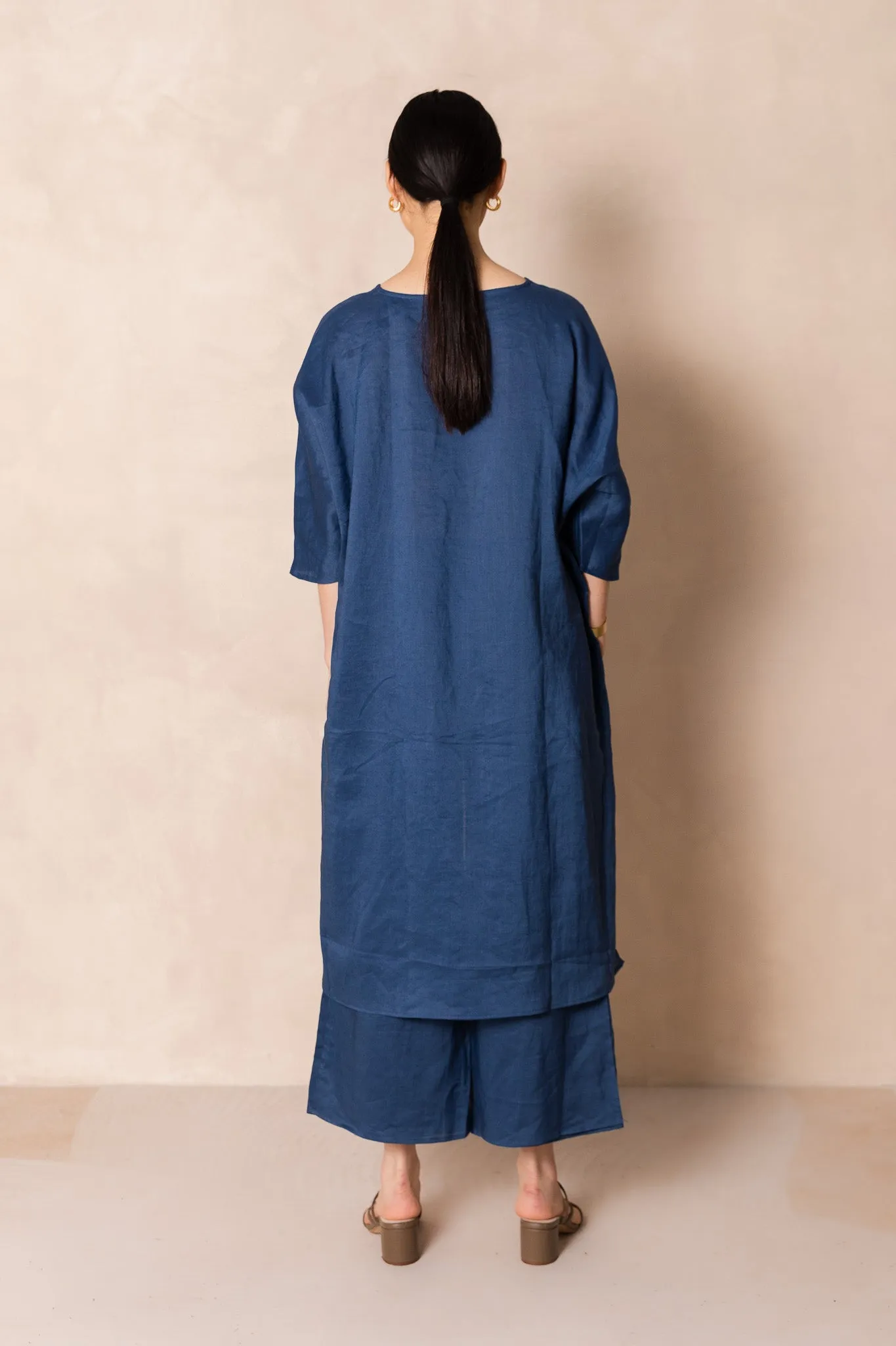 V-neck Blue Linen Casual Suit