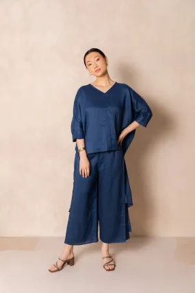 V-neck Blue Linen Casual Suit