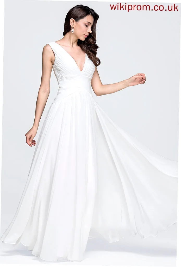 V-neck Floor-Length Ruffle Wedding Dresses With Chiffon Wedding Dress A-Line Hana