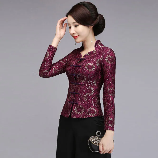 V Neck Lace Cheongsam Top with Long Pantskirt