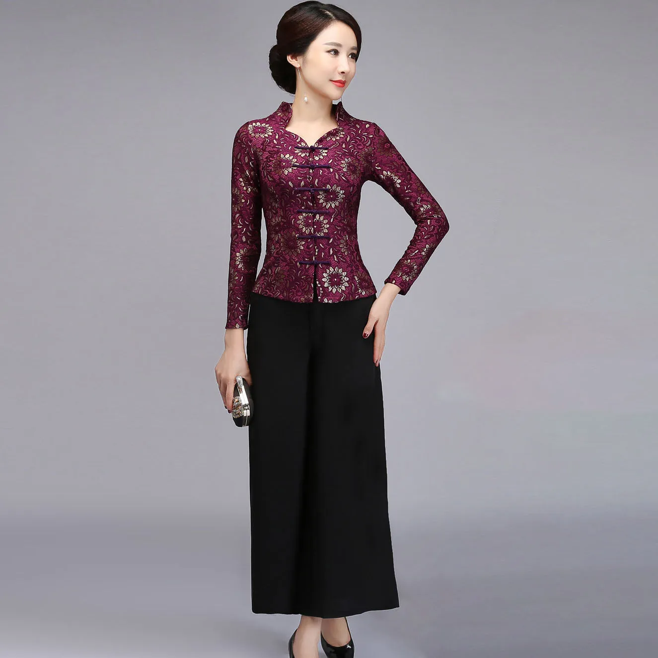 V Neck Lace Cheongsam Top with Long Pantskirt