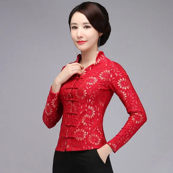 V Neck Lace Cheongsam Top with Long Pantskirt