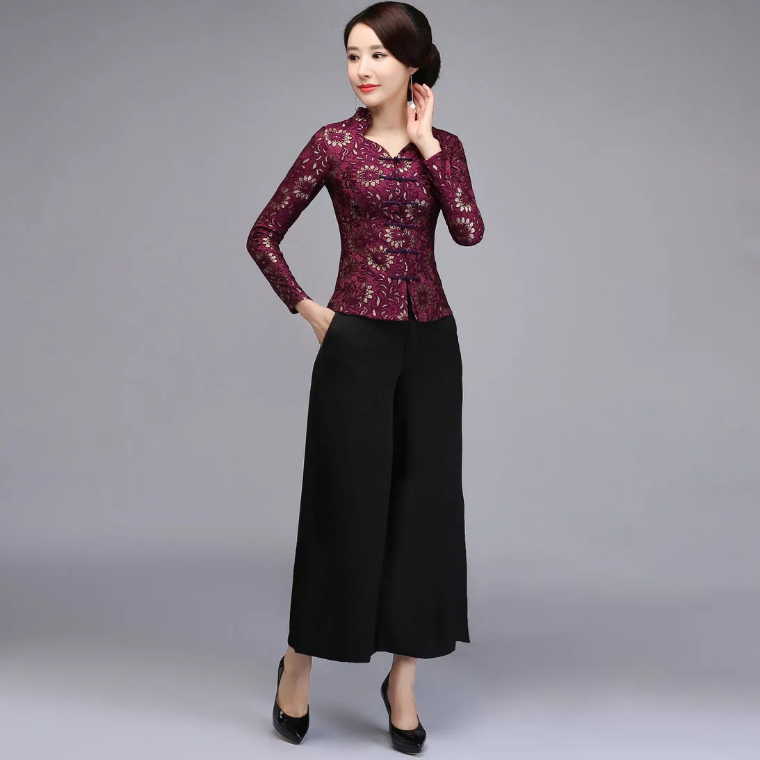V Neck Lace Cheongsam Top with Long Pantskirt